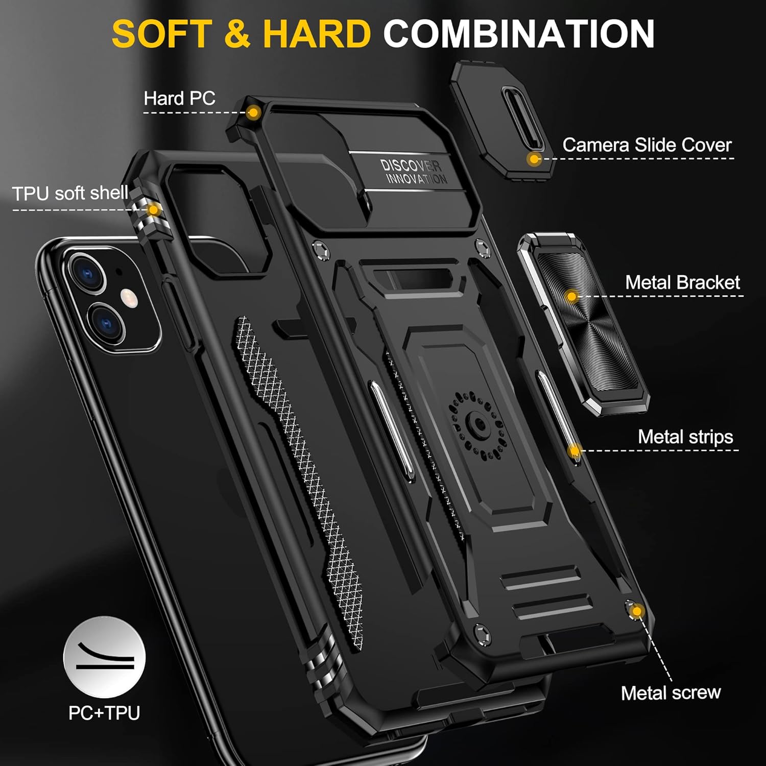 YmhxcY For iPhone 11 Case With 2*PET Screen Protector, Slide Camera Cover,360° Rotate Metal Stand, For Apple iPhone 11 6.1“-Black 7 71Ld+bmuT6L. AC SL1500