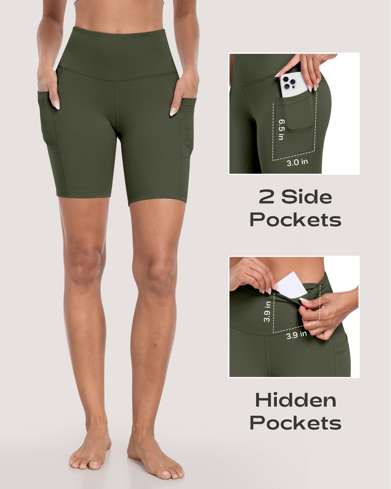 Pantalones cortos de ciclista para mujer con bolsillos, cintura alta de 8 pulgadas, control de abdomen, suaves, atléticos, entrenamiento, gimnasio, yoga — view 5