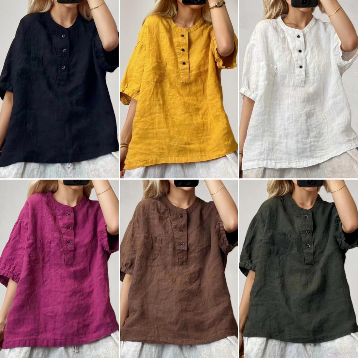 Women’s Casual Spring Summer Tops Button Front Short Sleeve Crewneck Casual Loose Cotton Linen Shirt Blouse - Image 3