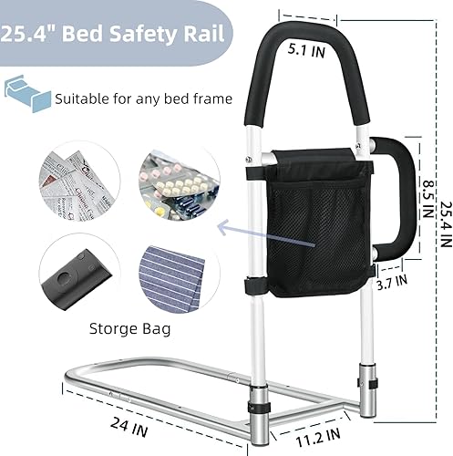 Miniatura 10 de Riel de cama para adultos mayores de seguridad con bolsillo de almacenamiento y patas de apoyo mejorada, altura ajustable, protector de cama para