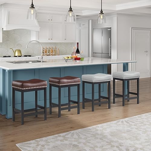 Miniatura 6 de OUllUO 918P-BR3 - Juego de 3 taburetes de bar marrones, taburetes de bar de altura de mostrador, taburetes de piel sintética con marco de metal para