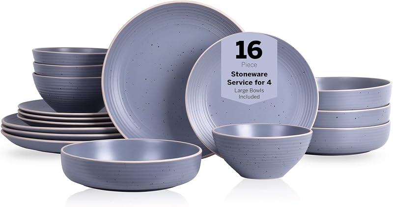 Stone Lain Lauren Juego de platos y tazones rústicos de gres, vajilla, servicio para 4, gris claro moteado, apto para lavavajillas y microondas, 16 piezas