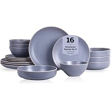 Stone Lain Lauren Stoneware, Rustic Plates and Bowls Set, Dinnerware, Service for 4, Speckled Light Gray, Dishwasher & Microwave Safe, 16-Piece