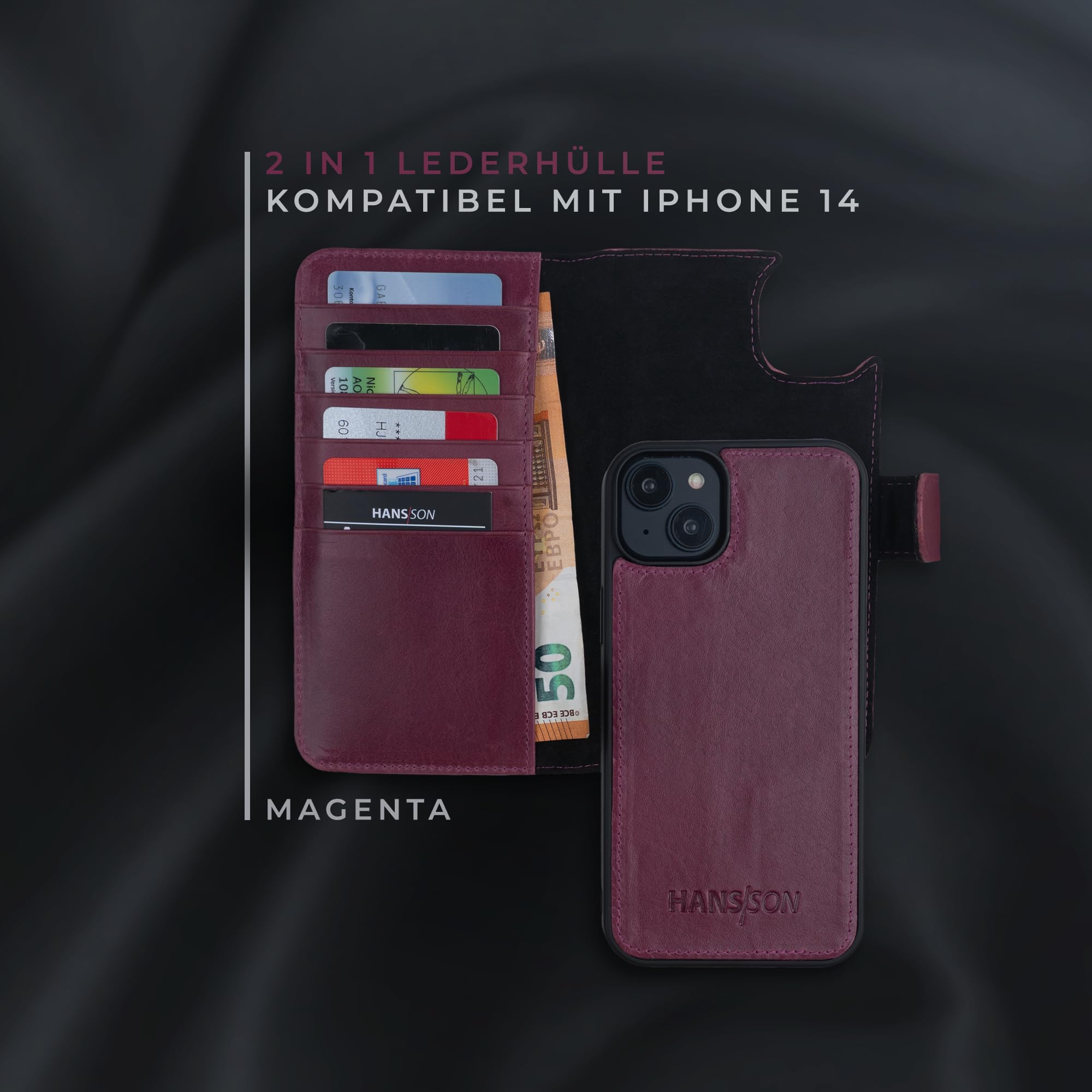 HANS/SON Echt-Leder-Handyhülle für iPhone 14 – Schmale 2 in 1 Klapphülle mit Kreditkartenetui, Magsafe kompatibel, perfekte Passform, stoßfest, Standfunktion, 6,1 Zoll – Magenta