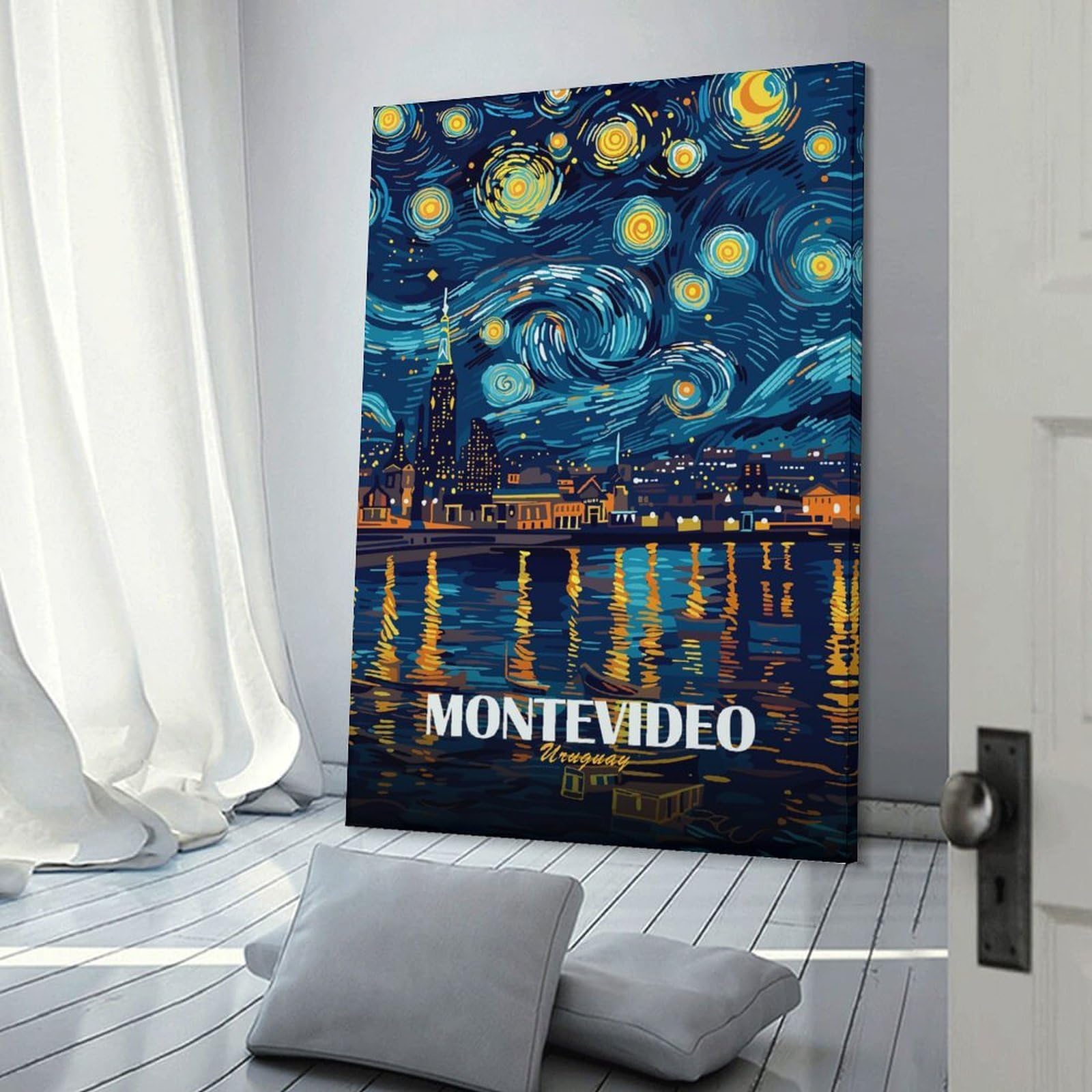 Junmoney Montevideo Uruguay Starry Night Art Home Decor Wall Art, 24x36inch(60x90cm), for Flats, Guest Rooms Or Compact Rooms, Stylish Wall Art for Fresh Spaces