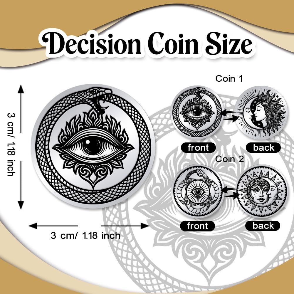 UNICRAFTALE 2Pcs 2 Styles Sun Moon Ouroboros All-Seeing Eye Lucky Coins Stainless Steel Double Sided Snakes All Seeing Eye Challenge Coin Metal Decision Coin for Man Women - Image 3