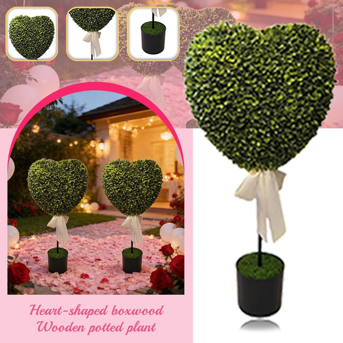 Topiaria a forma di cuore per esterni, 2026, alberi topiaria a forma di cuore, 73,7 cm, in bosso artificiale con fiocco, arte topiaria, per interni ed esterni, decorazione per portico domestico (2 set
