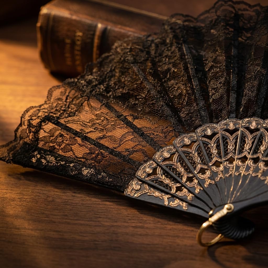 Halloween Black Lace Folding Hand Fan with Rose, Vintage Spanish Style Large Fan for Women, Gothic Costume Accessory for Party, Cosplay, Dance Performance & Photo Props, 17.32" Open, 10.2" Folded