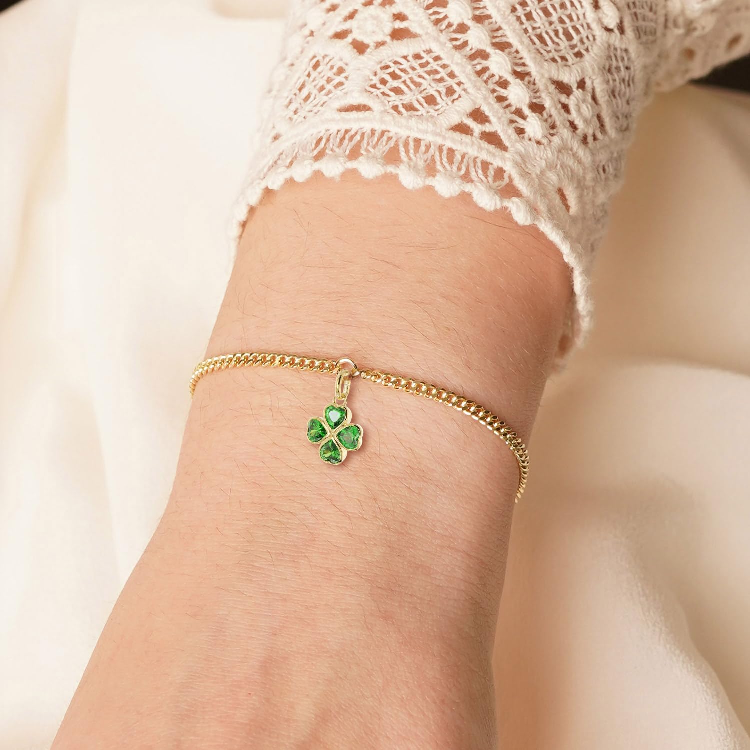 trendor Pulsera infantil con trébol verde, plata 925, chapada en oro, 21663 | Pulsera cómoda de cadena plana, joyería elegante para niños,