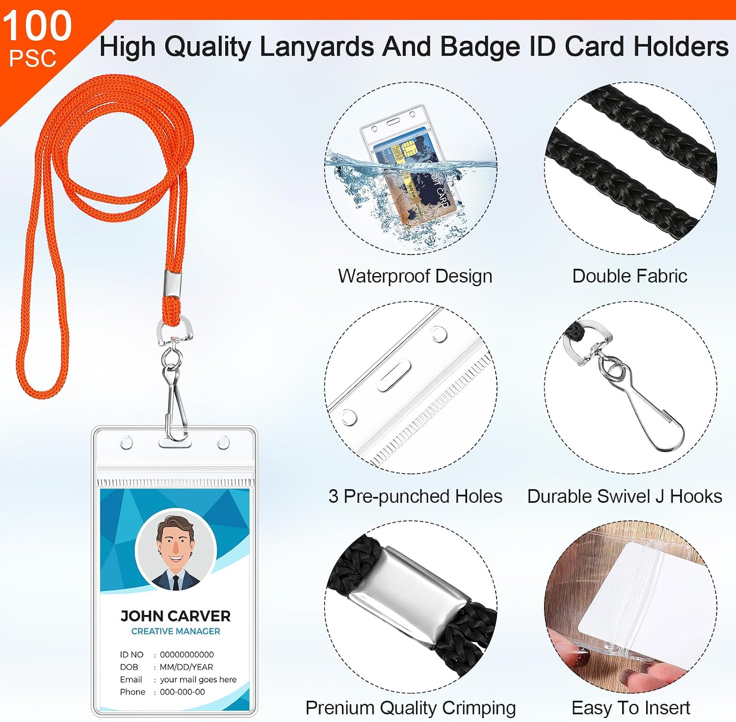 Marspark 100 Pack Lanyard with ID Holder Bulk, 100 Pcs Lanyards for ID Badges and 100 Pcs Clear Plastic Name Badge Holders, Waterproof Resealable Name Tag with Clip for Office Supplies (Orange)
