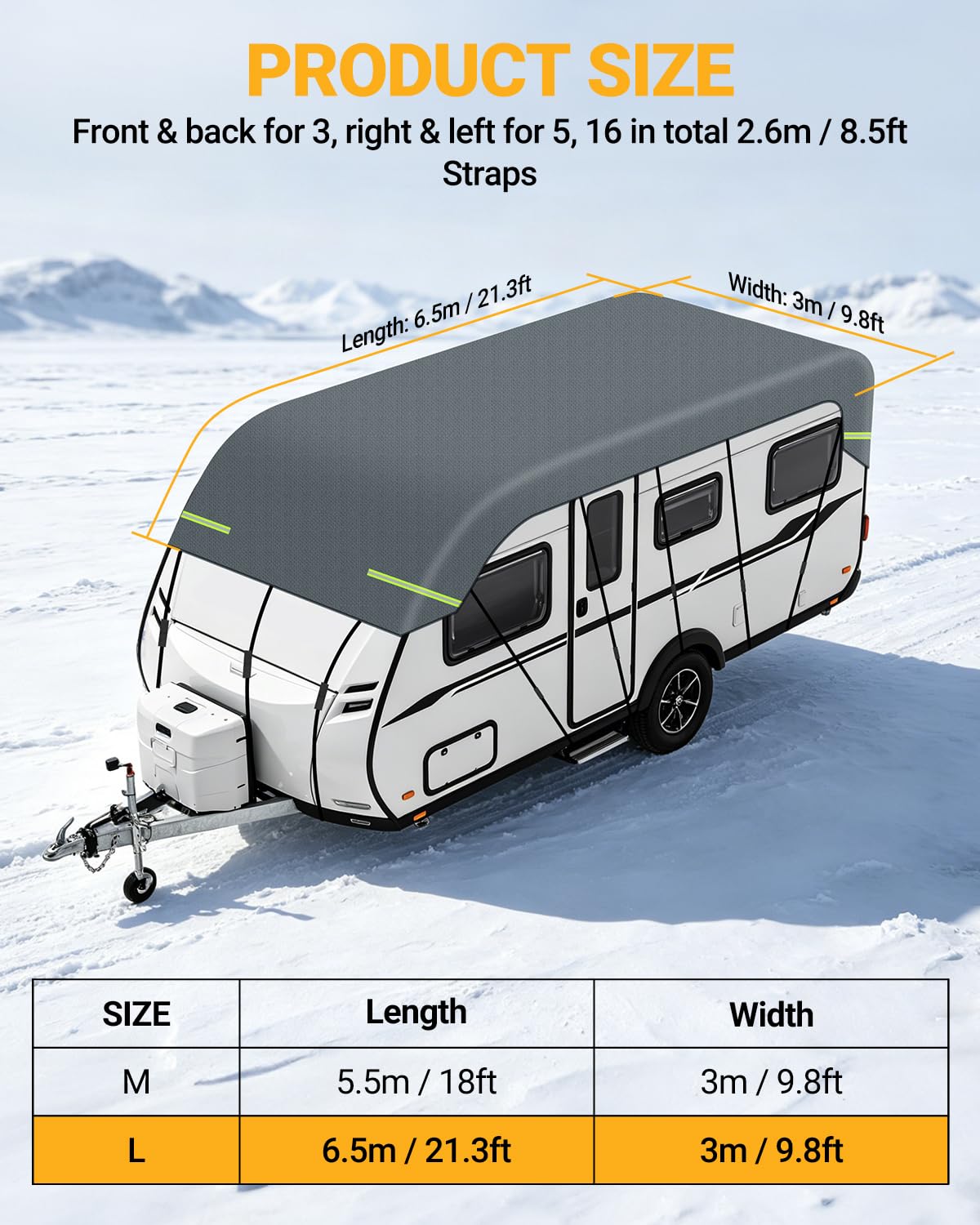 6,5x3m Funda para Autocaravana Funda para Techo de Caravana Impermeable 170g de Grosor Tejido No Tejido Universal para Verano Protección UV con Tiras Reflectantes