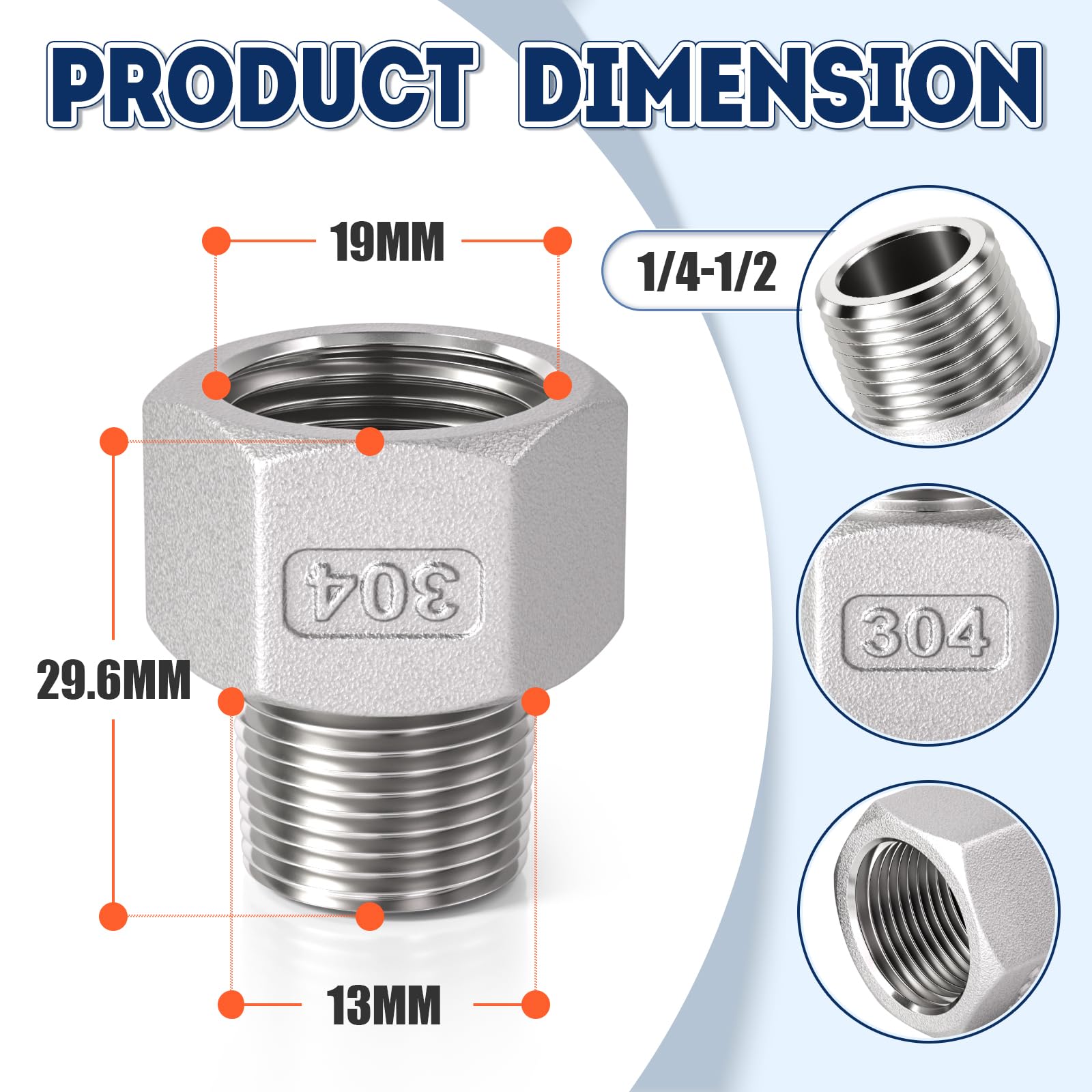 Bwintech 6 pz 1/4" Maschio a 1/2" BSP Femmina Filettatura In Acciaio inox 304 Boccola Esagonale Riduttore Connettore Per Tubo Collegamento Conversione - 3
