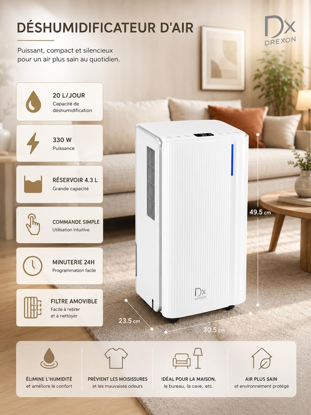 Drexon - Osuszacz powietrza Rico - 20 l/dzień - 330 W - Zbiornik 4,3 l - Proste sterowanie - 24-godzinny timer, wymienny filtr, 30,5 x 23,5 x 49,5 cm