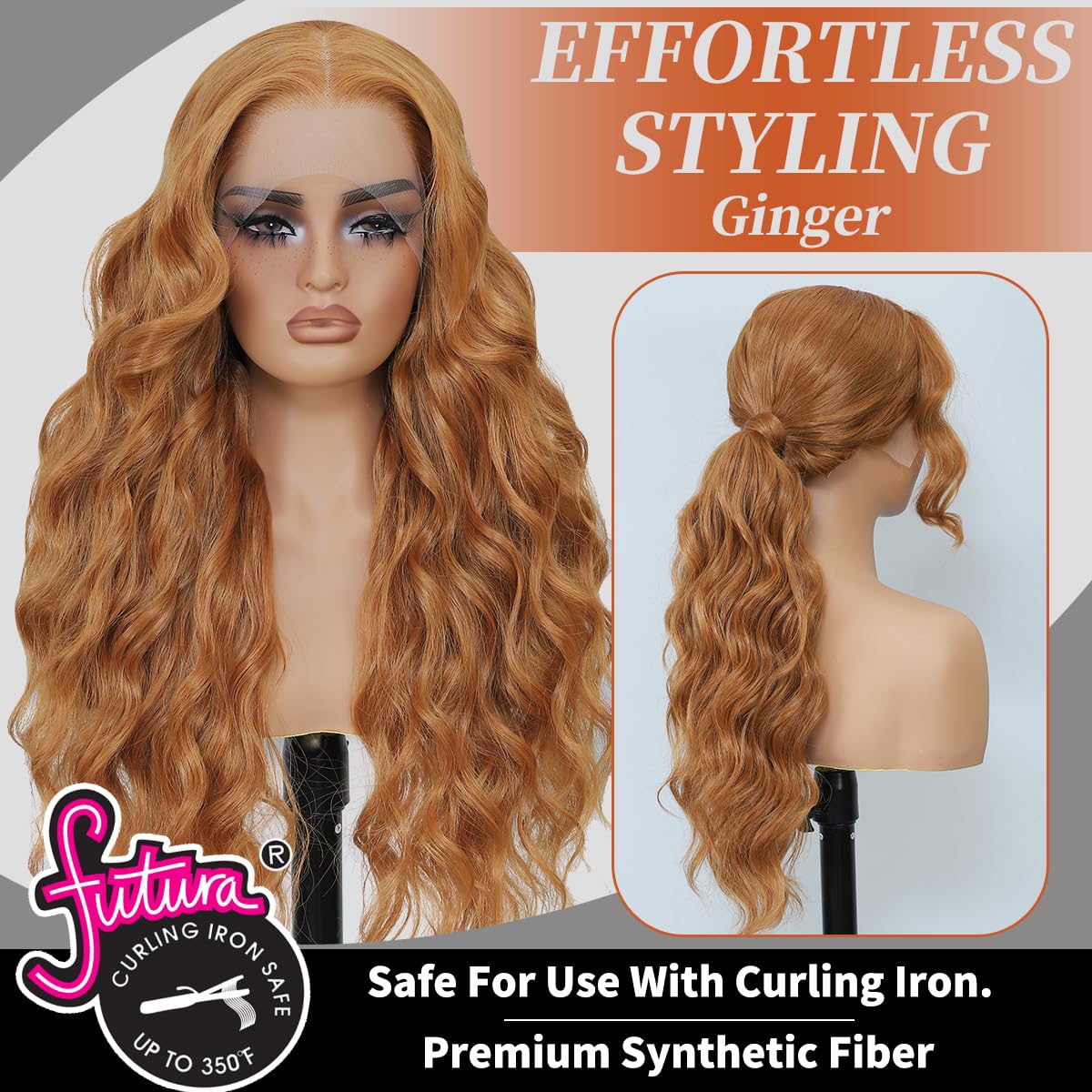 13x6 synthetic lace front wigs pre plucked 26 inch long wavy ginger wigs for black women 100% futura premium hd lace wig ready to wear beginner friendly daily party use