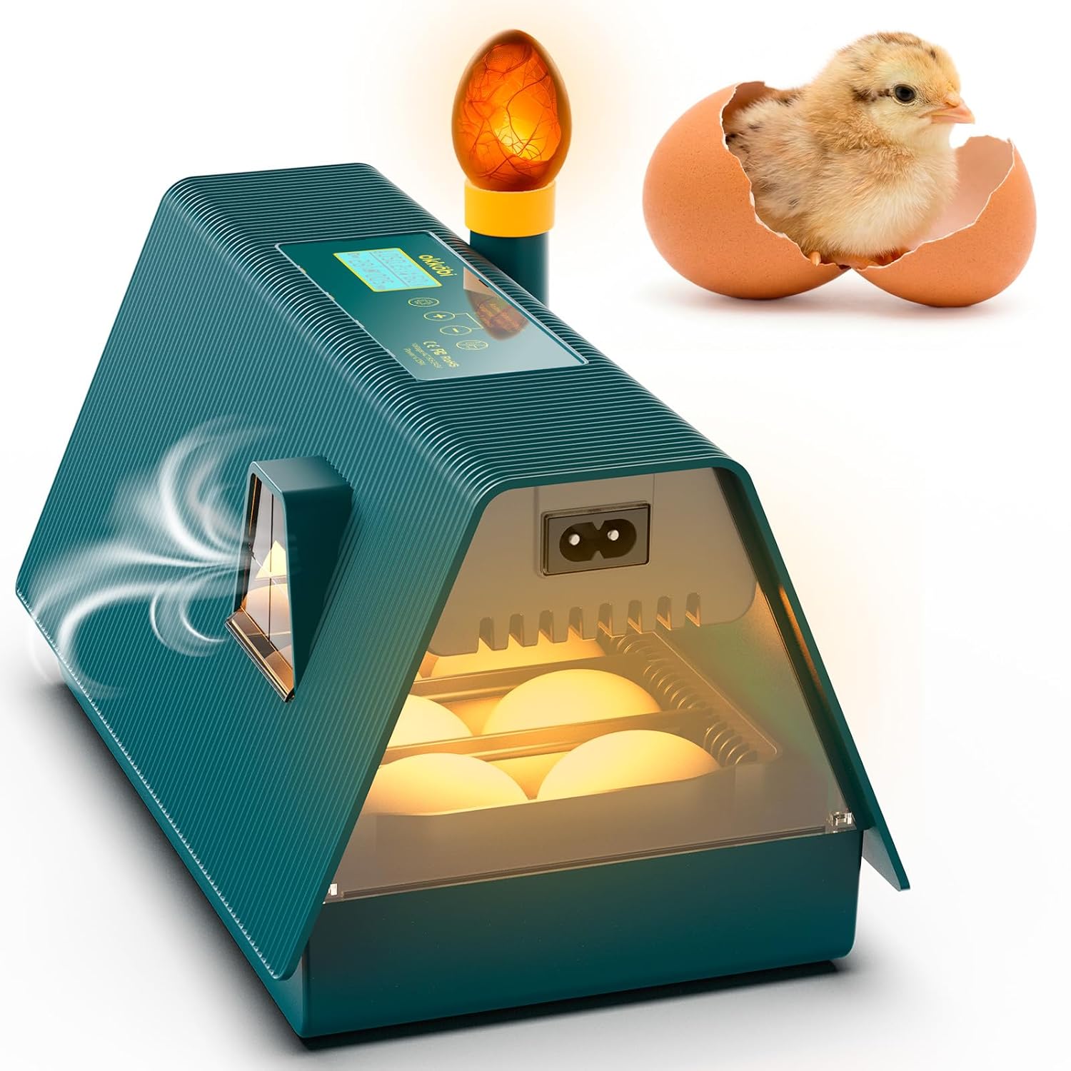 Okkobi M10 Incubator for Hatching Eggs - Ideal for All Ages - Automatic Turner and Humidity Control - Integrated Candler - 10 Eggs - Green & Yellow
