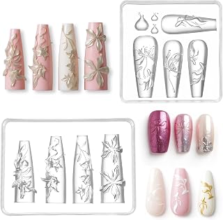 2 Pcs 3D Flowers Nail Molds Lily and Lotus Flower Nail Art Molds 3D Gel Nails Charm Mold Silicone Floral Carving Template Exquisite Flowers Nails Tools for DIY Manicure Design Tool Women Decor