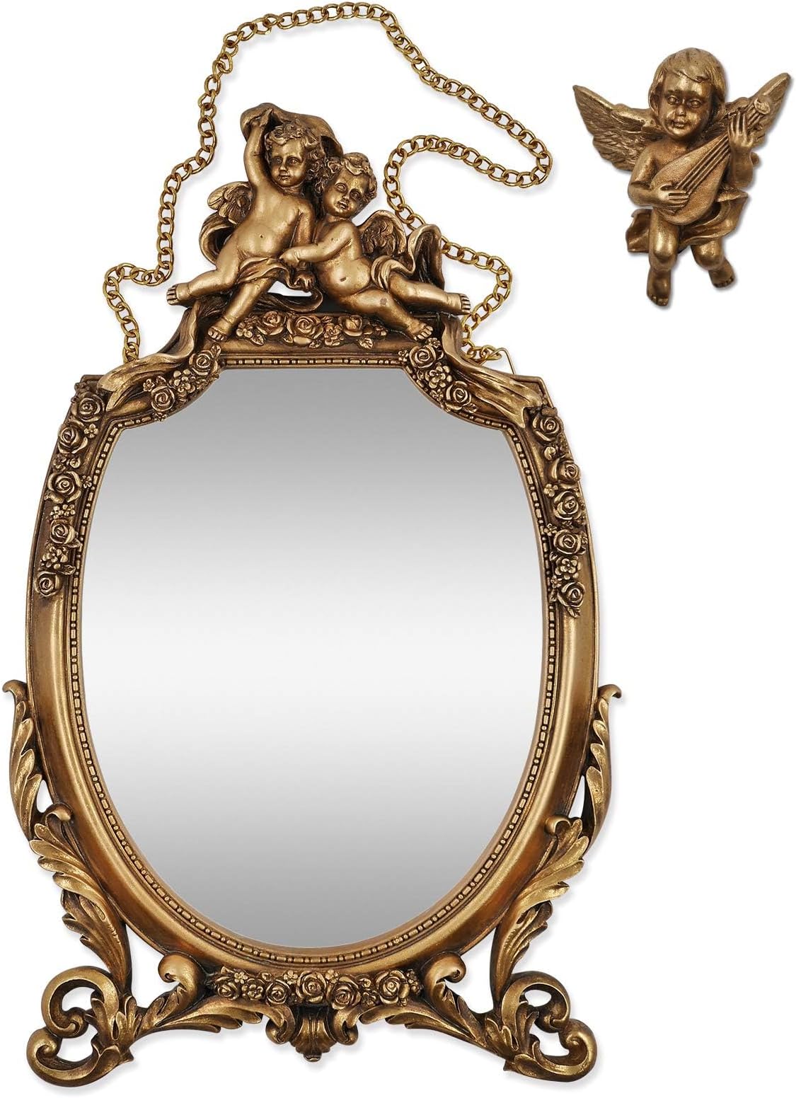 Baroque Style Wall Mirror, 16.5 x 9.5 inches Decorative Mirror with Cherub and Floral Ornaments, Vintage Gold Finish