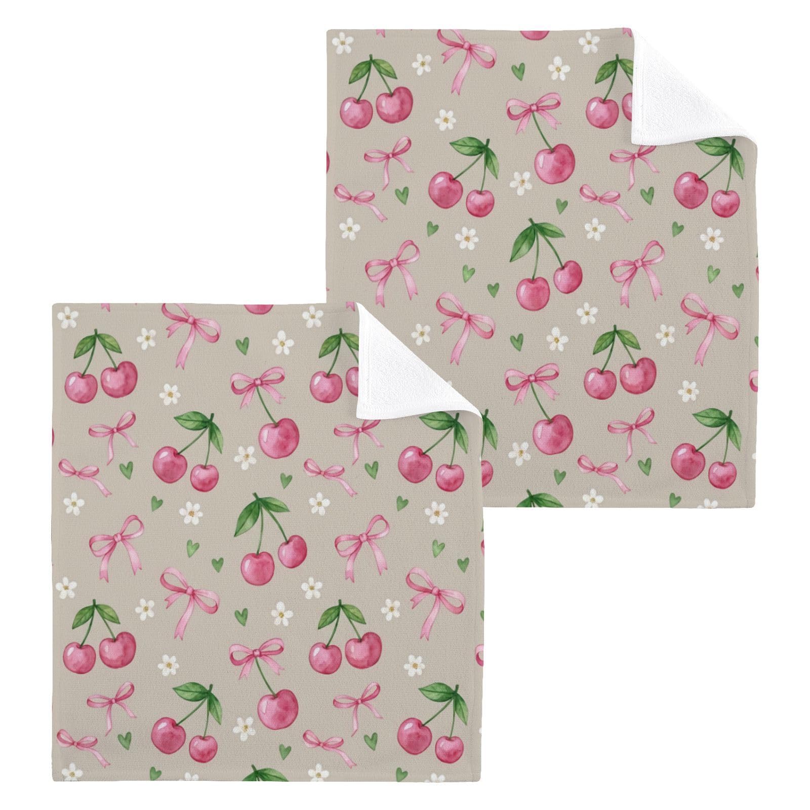 BOESI Watercolor Cherry Bow 12x12in Cotton Washcloth,Face Towel