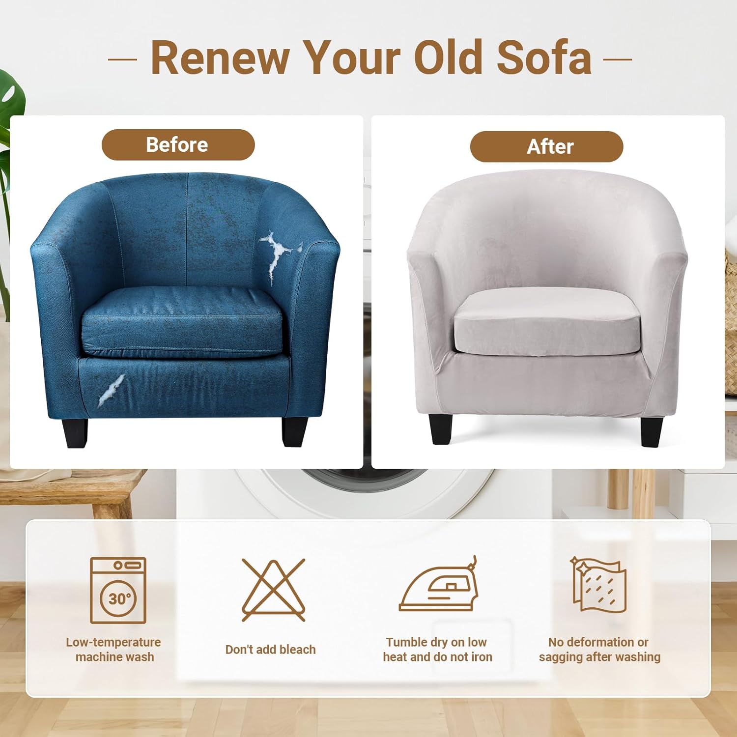 Barrel Chair Covers 2 Piece, Grey Club Tub Barrel Chair Slipcover with Cushion Cover, Soft Armchair Sofa Cover Stretch Furniture Protector with Elastic Bottom for Living Room Bar Hotel