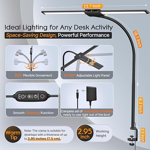 Miniatura 4 de Syrinx Lámpara de escritorio LED para oficina en casa Luz de escritorio de doble cabezal con cuello de cisne flexible, abrazadera, control por