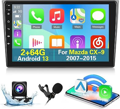 [2+64G] Android 13 Car Radio for Mazda CX-9 2007-2015 - Wireless Carplay and Android Auto - 10.1 Inch Touchscreen Car Stereo with Multiple Themes/GPS/WiFi/SWC + AHD Backup Camera