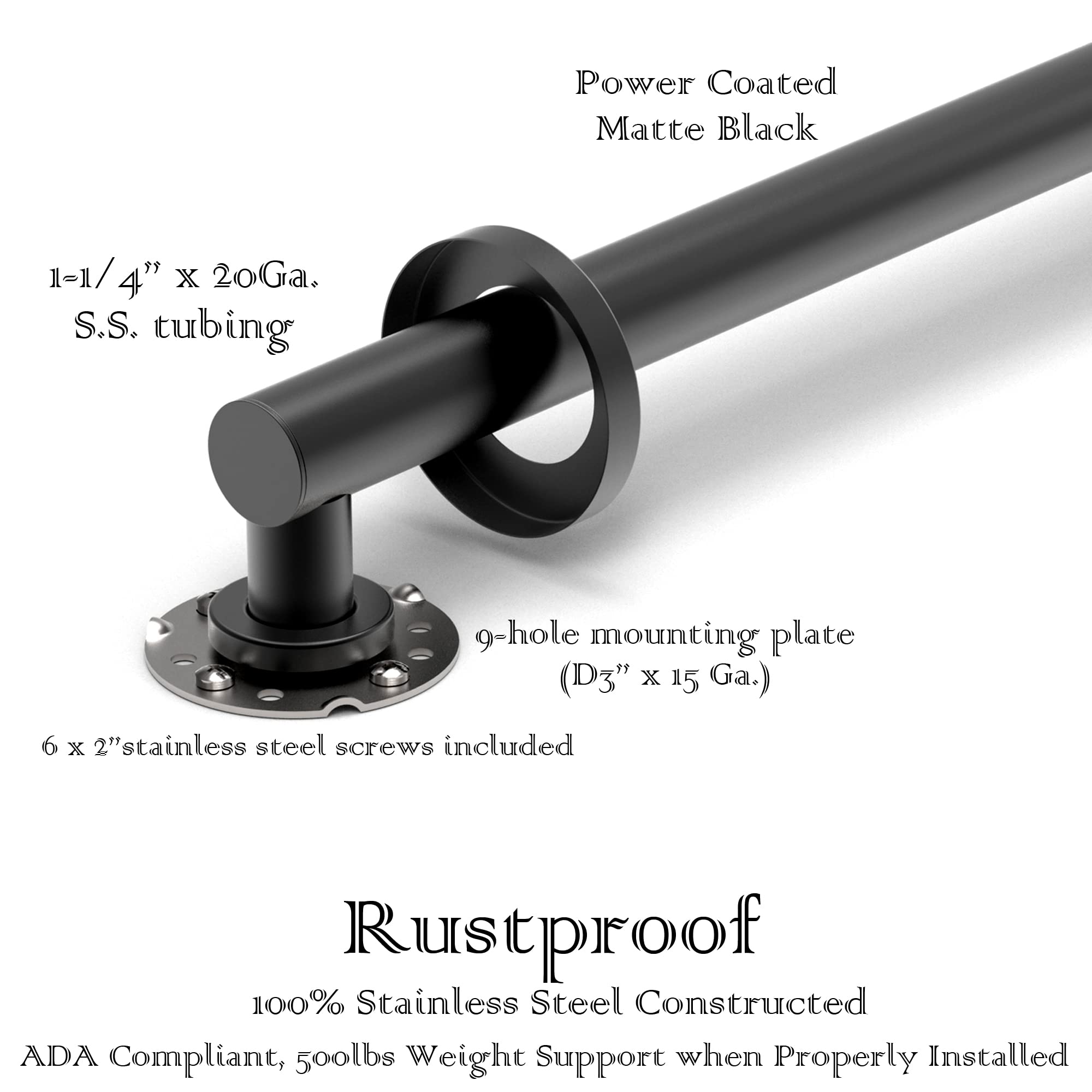 Barra di sicurezza decorativa da bagno, 1-1/4" conforme ADA, 226,8 kg, supporto per bilanciamento del peso (30,5 cm, nero opaco)