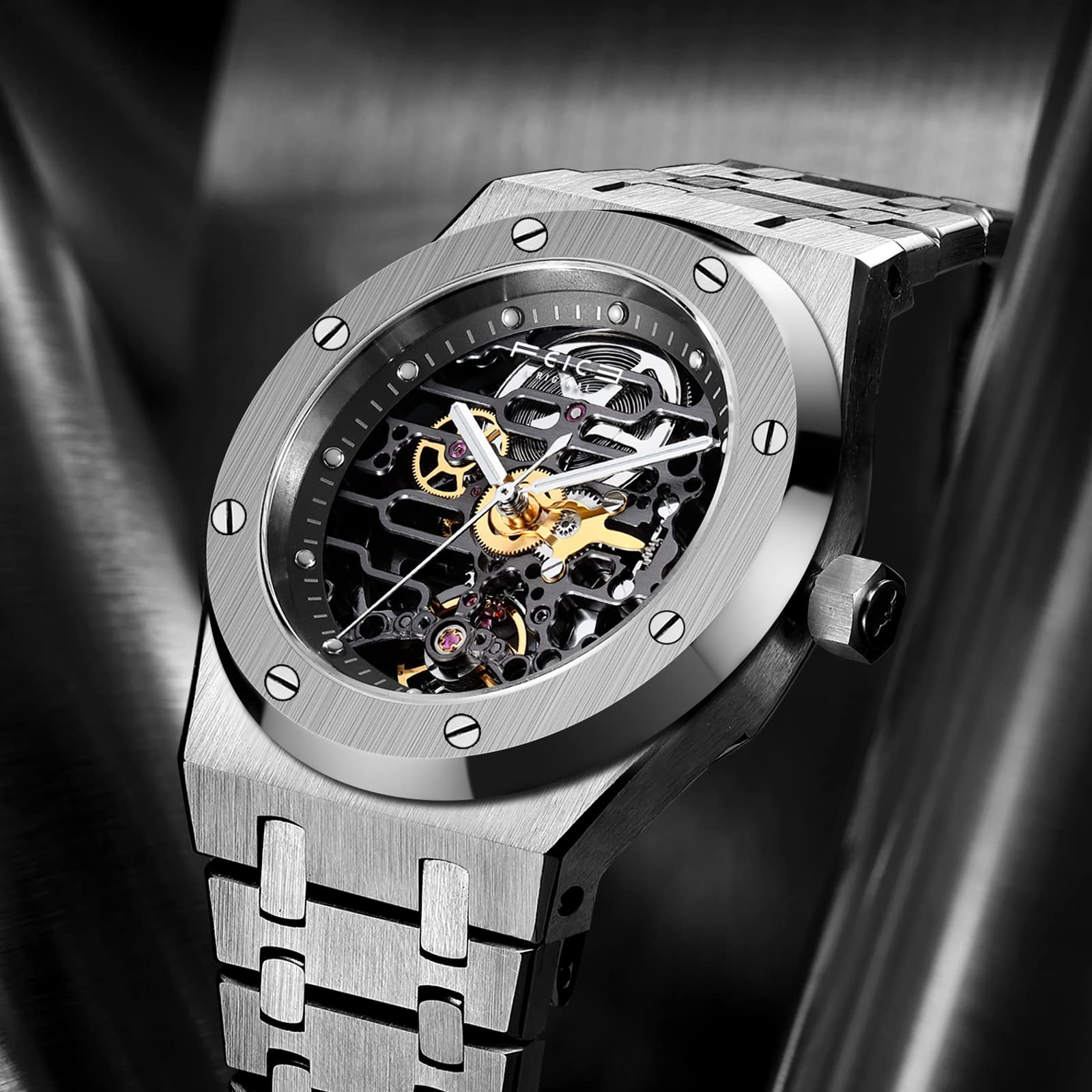FEICE Automatikuhr Herren Skeleton Uhr Handgelenk Mechanische Uhren Edelstahl Saphirspiegel 42MM