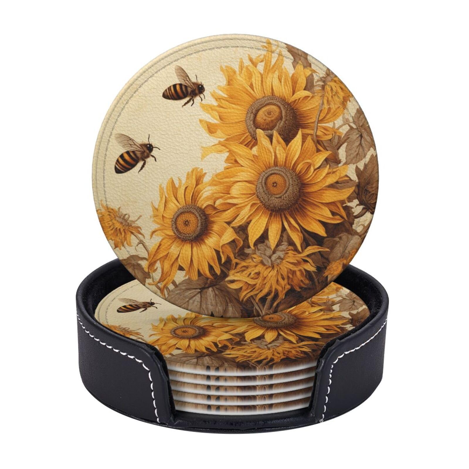 6PCS Drink Coasters with Holder, 4" Leather Coasters for Drinks, Bees and Sunflowers Cup Coasters for Coffee Table Decor, Non-Slip Drinking Cup Mat for Hot or Cold Drink
