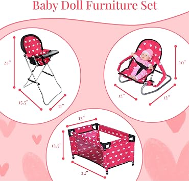Mega Baby Doll Accessories Set, 3-1 Baby Doll Crib, Baby Doll High Chair & Bouncer Seat. 18 inch Doll Accessories with Doll Bed. 18 Dolls Furniture Play Stuff. Toys for Girls Ages 3-5,4-6,5-7,8-10