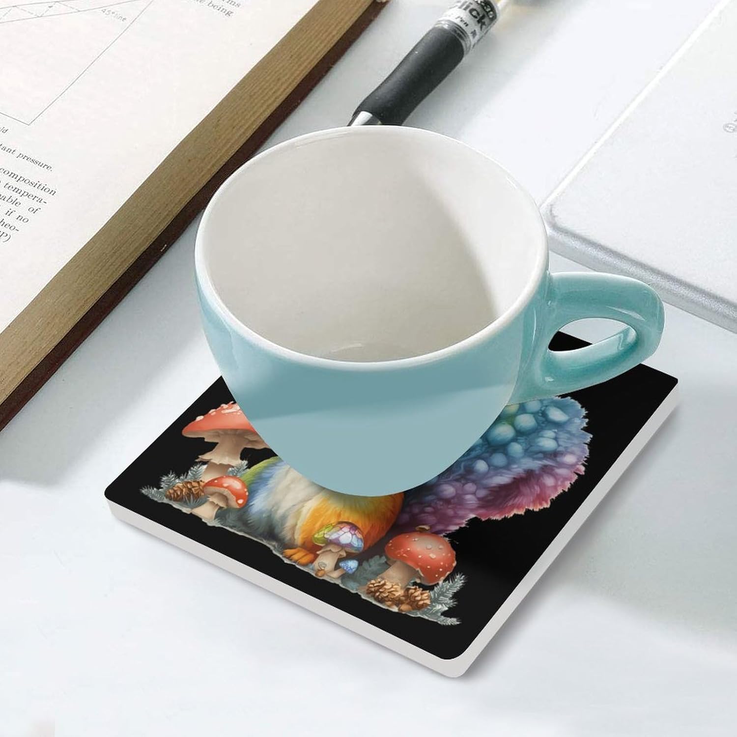 Squirrel Mushrooms Coaster for Drinks Square Ceramic Table Coasters Stone Mat Crafts 4PCS Home Kitchen Decor