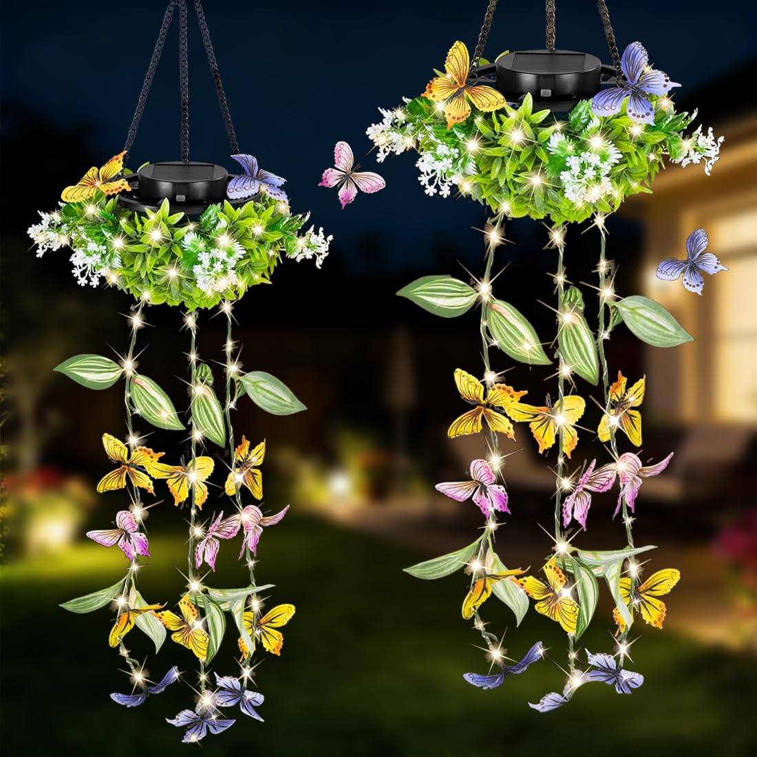 WRQIOO 2 Pack Hanging Butterfly Solar Lights Outdoor Garden, Hanging Solar Lights Outdoor Garden, 48 LED Sol-ar Hang-ing Gar-den L-ights with IP65 Waterproof for Wedding Patio Yard Porch Courtyard