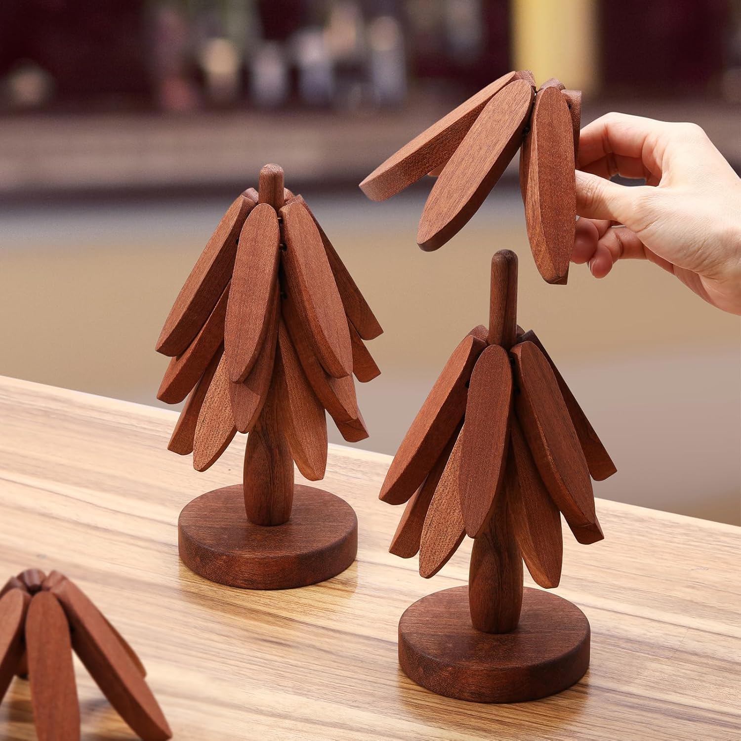 Wooden Trivet Set with Tree Sculpture and Flower Coasters, Brown