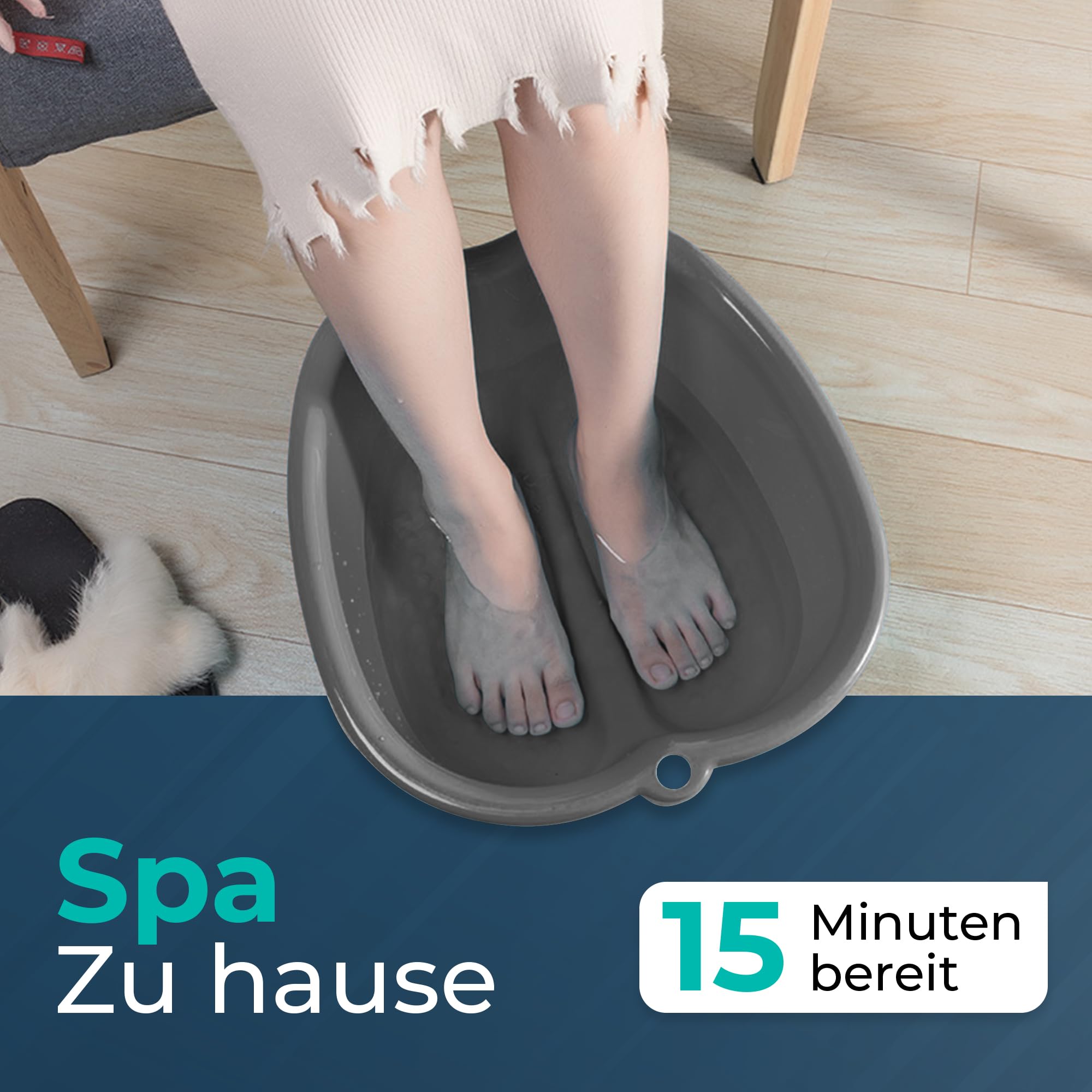 BUDDLEY Fußbad Wanne - Mit Massageboden - Grau - Bis Schuhgröße 46 - Fußbecken Kunststoff - Warm & Kalt - Pediküre - 38 x 34,5 x 17,6 cm