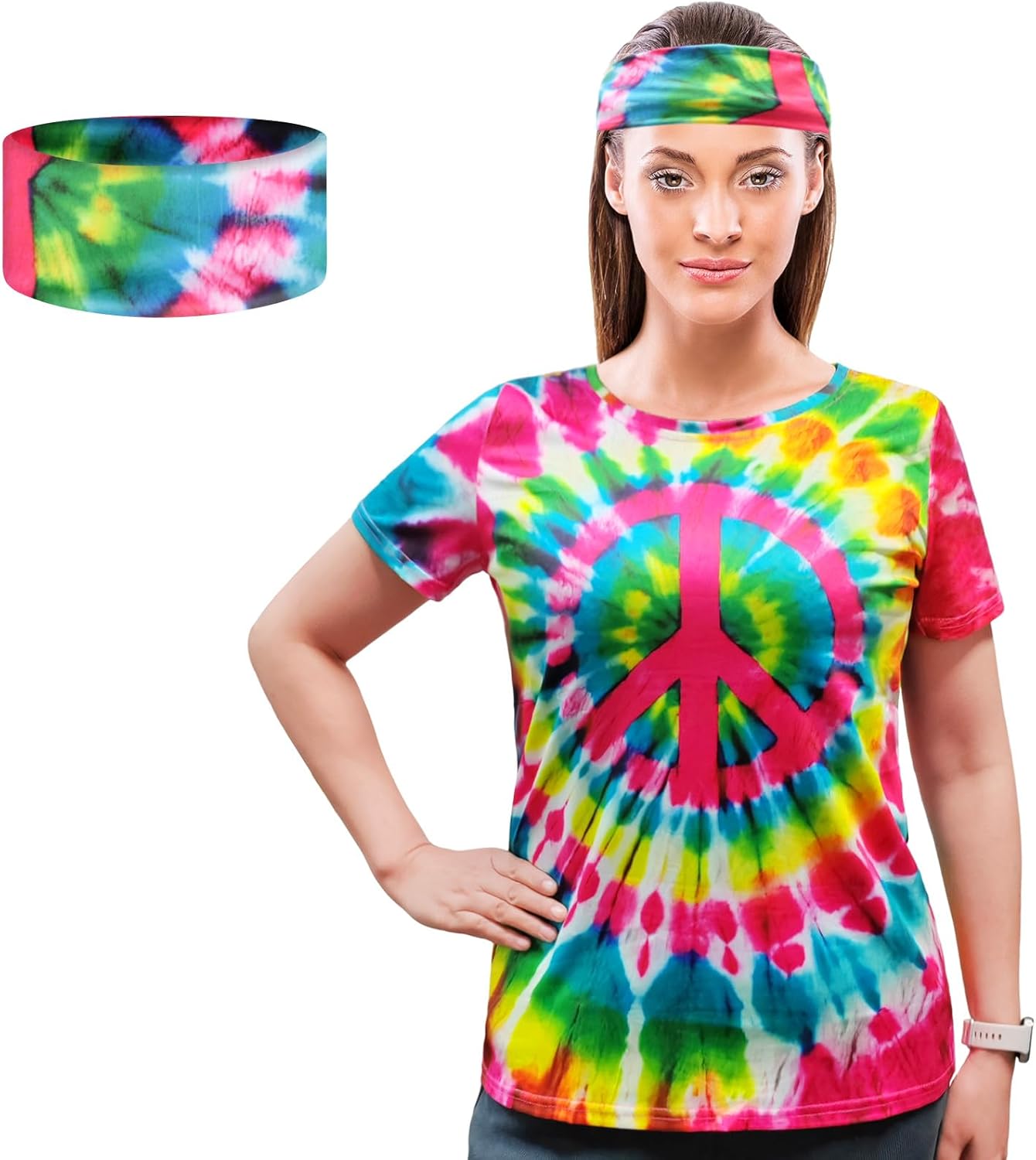 Hippie Costume for Women 60s and 70s colorful T-shirt and headband 2-piece theme party