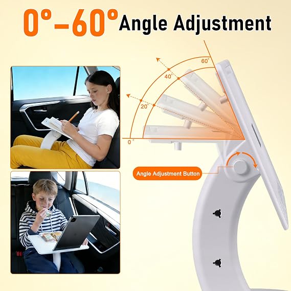 Car Seat Tray Table Adjustable Travel Desk for Kids Adults Foldable Laptop Tablet Stand Multifunctional Car Lap Desk Front Rear Seats Work Study Dining Mobile Office Long Trips Travel (White)
