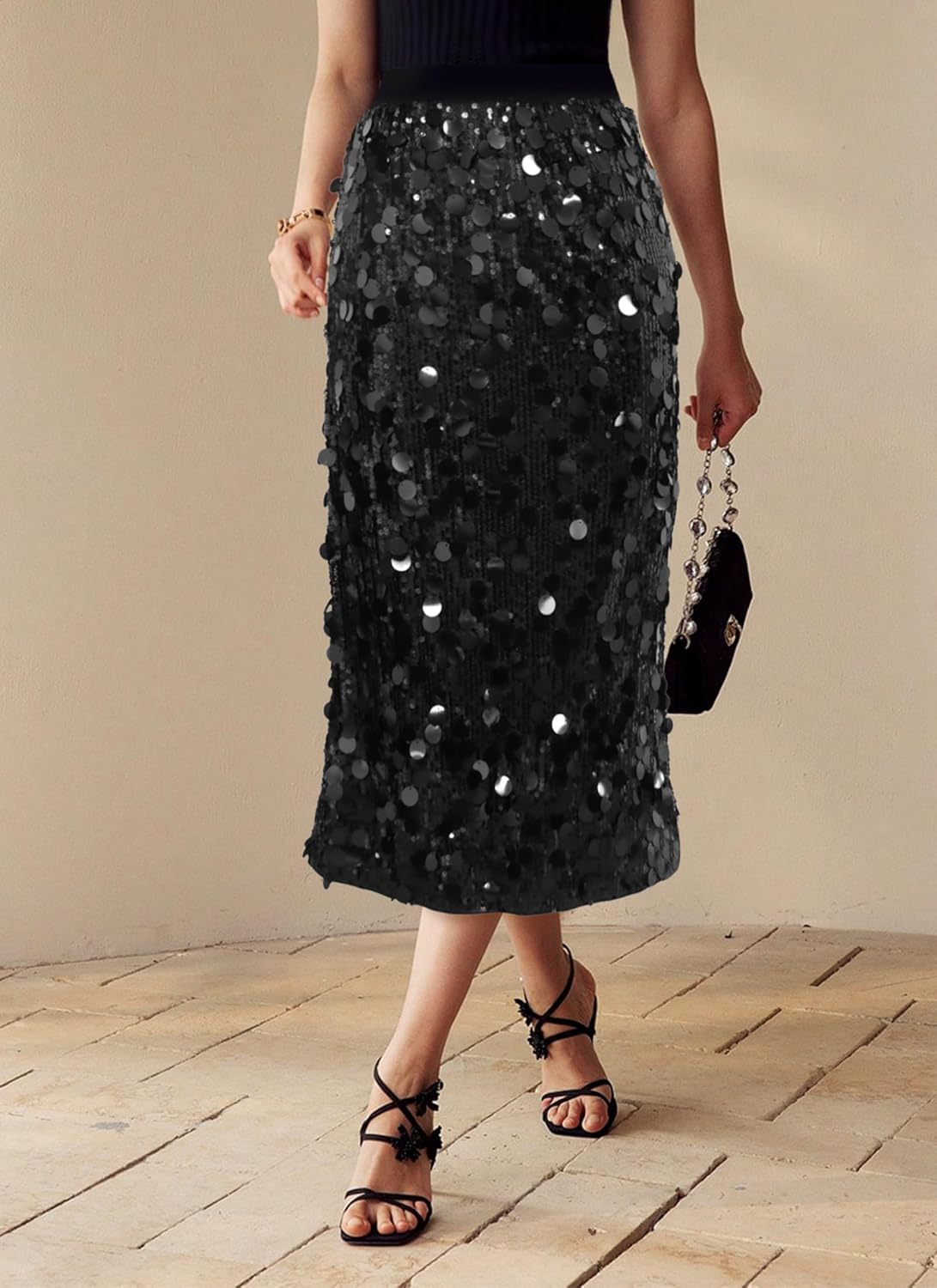 Womens Sequin Skirt Elastic Waist High Waist A line Sparkly Shiny Midi Concerts Night Out Club Party Skirts - Image 5