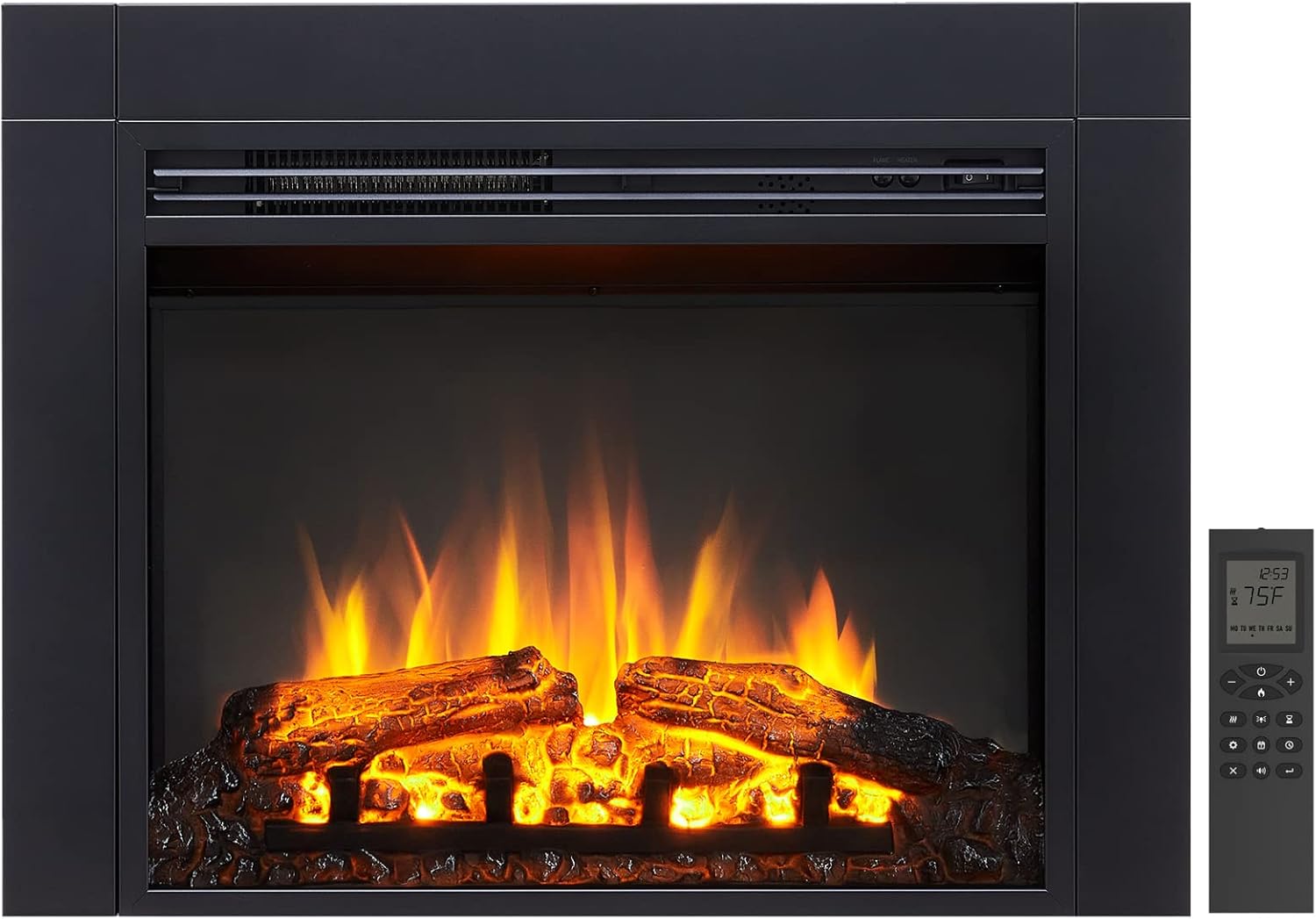 Close-up of the electric fireplace insert showing realistic flames and glowing logs.