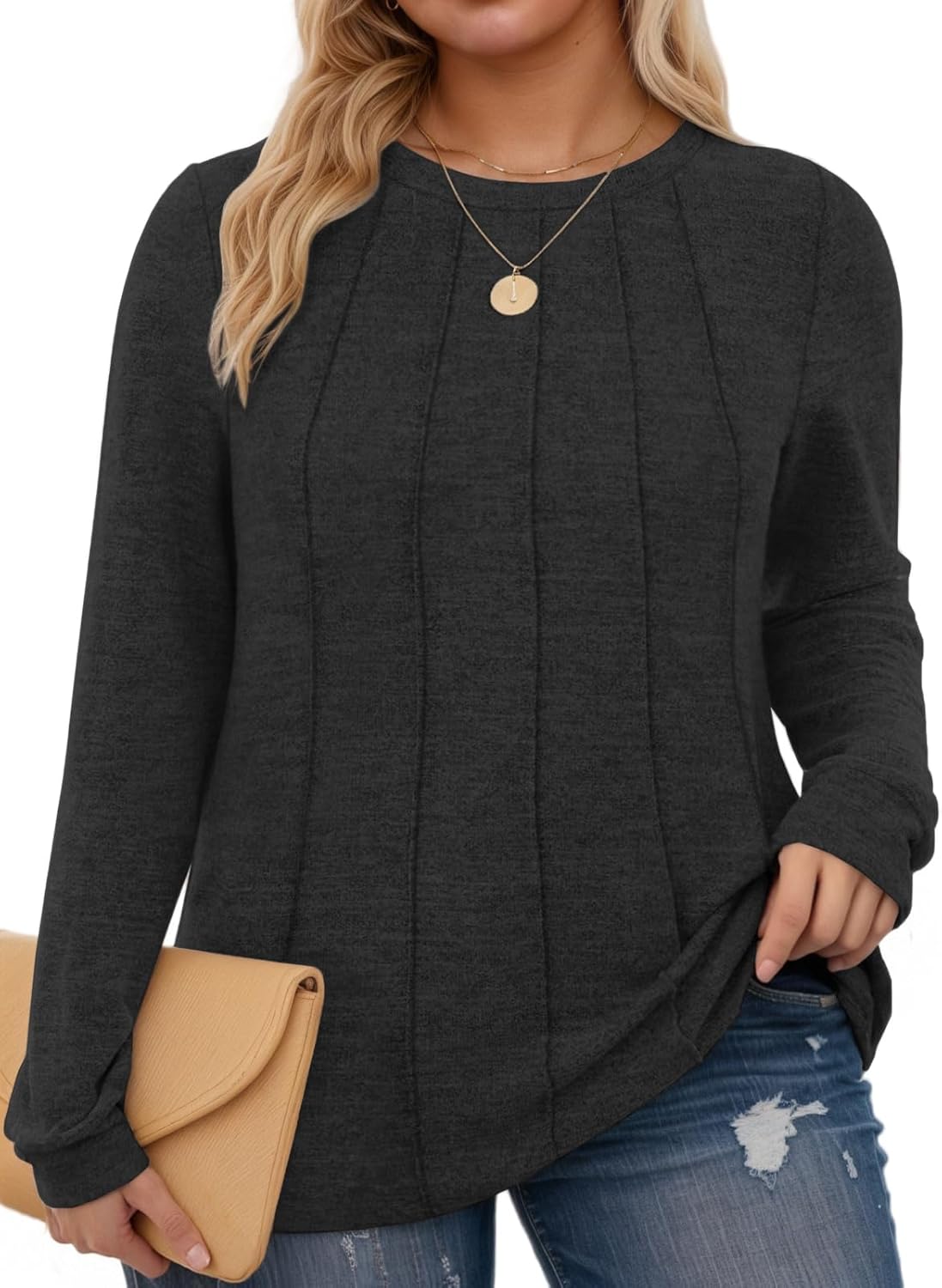 VISLILY Womens-Plus-Size-Tops Dressy Long Sleeve Shirts Casual Crewneck Tunics Tees Trendy Pleated Comfy Blouses XL-5XL - Image 2