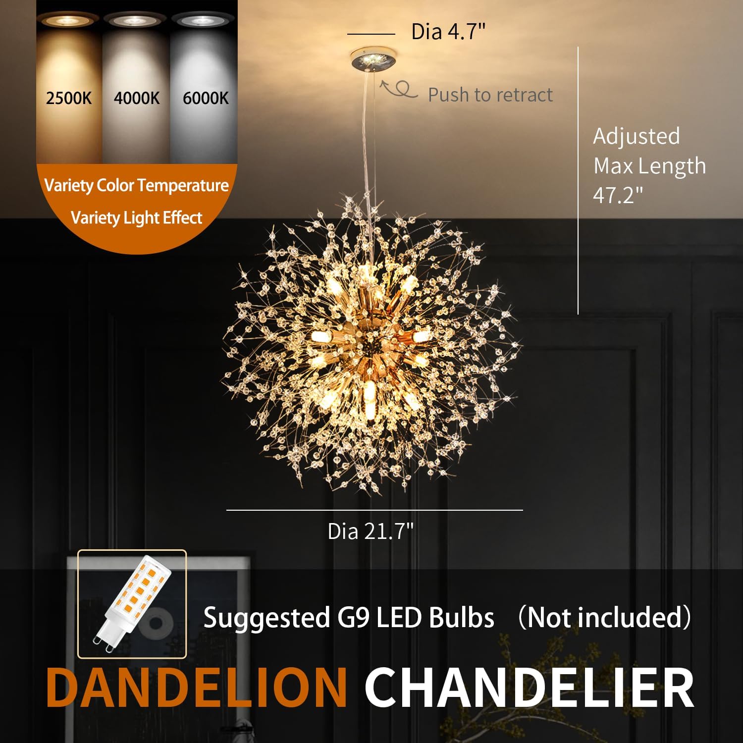 Crystal Chandelier, Firework Modern Beaded Chandeliers, Dandelion Gold Pendant Lamp, Hanging Lighting Fixture for Bedroom, Dining Room, Kitchen, Farmhouse, Hallway, Foyer, 22" Gold 12 Lights