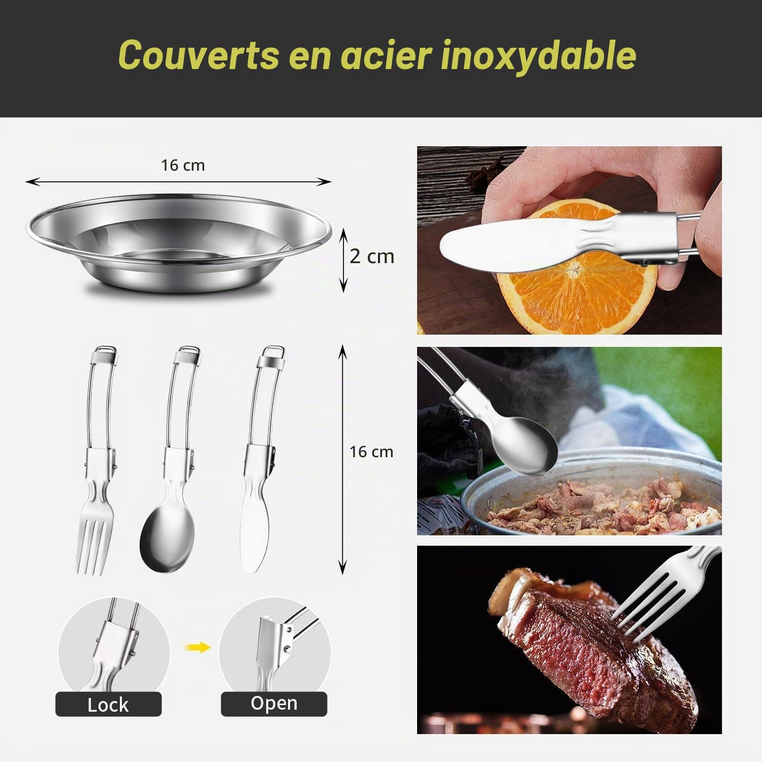 Ensemble de casseroles et poêles de camping en acier inoxydable 304 | Ensemble de cuisine de camping en acier inoxydable 304 avec bouilloire, tasses, assiettes, fourchettes, couteaux
