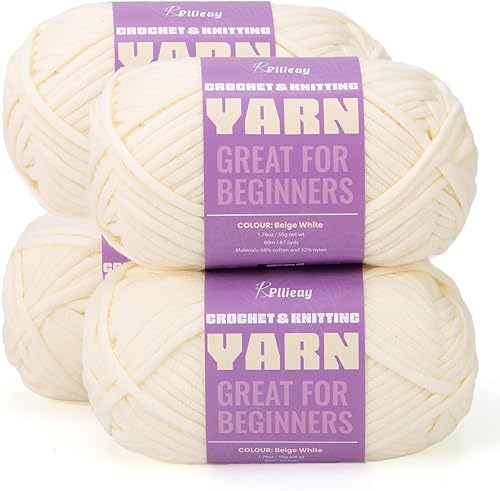 Pllieay Hilo de algodón beige blanco para tejer y tejer (1.16 x 1.77 onzas), hilo de algodón para tejer ganchillo con puntadas fáciles de ver, hilo