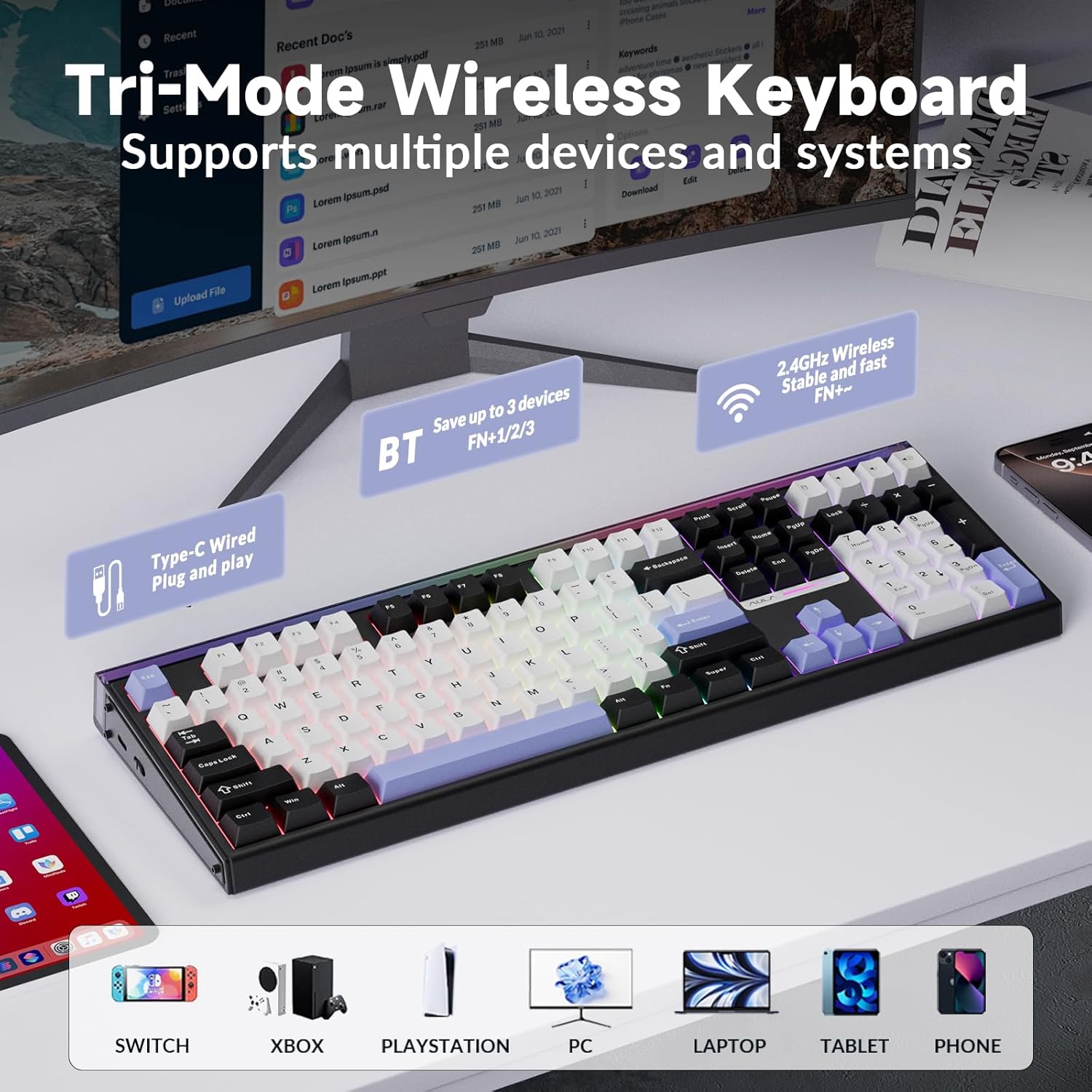 Aula H108 Wireless Mechanical Keyboard, Hot Swappable Silent Keyboard, Full Size Keyboard with Number Pad, Gasket Structure, RGB Backlit Computer Gaming Keyboard with PBT Keycaps for PC/Office 4 71Ld1eGDtVL. AC SL1500