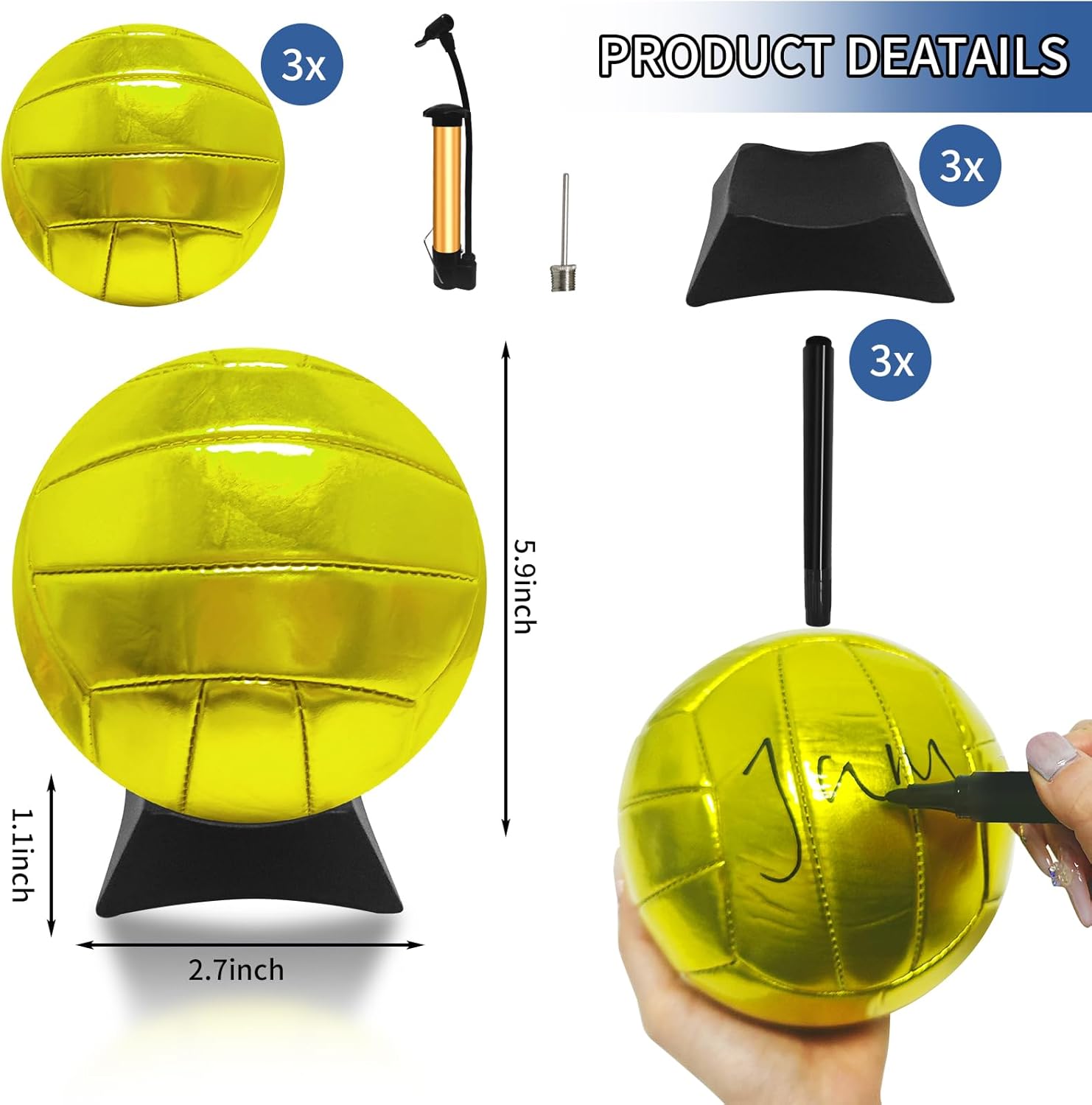 3 Pcs Gold Autograph Volleyball Official Size Trophy Volleyball Golden Custom Volleyball with 3 Display Stand 3 Signature Pen 1 Air Pump for Trophies Anniversary College Coaching Gift Awards Party