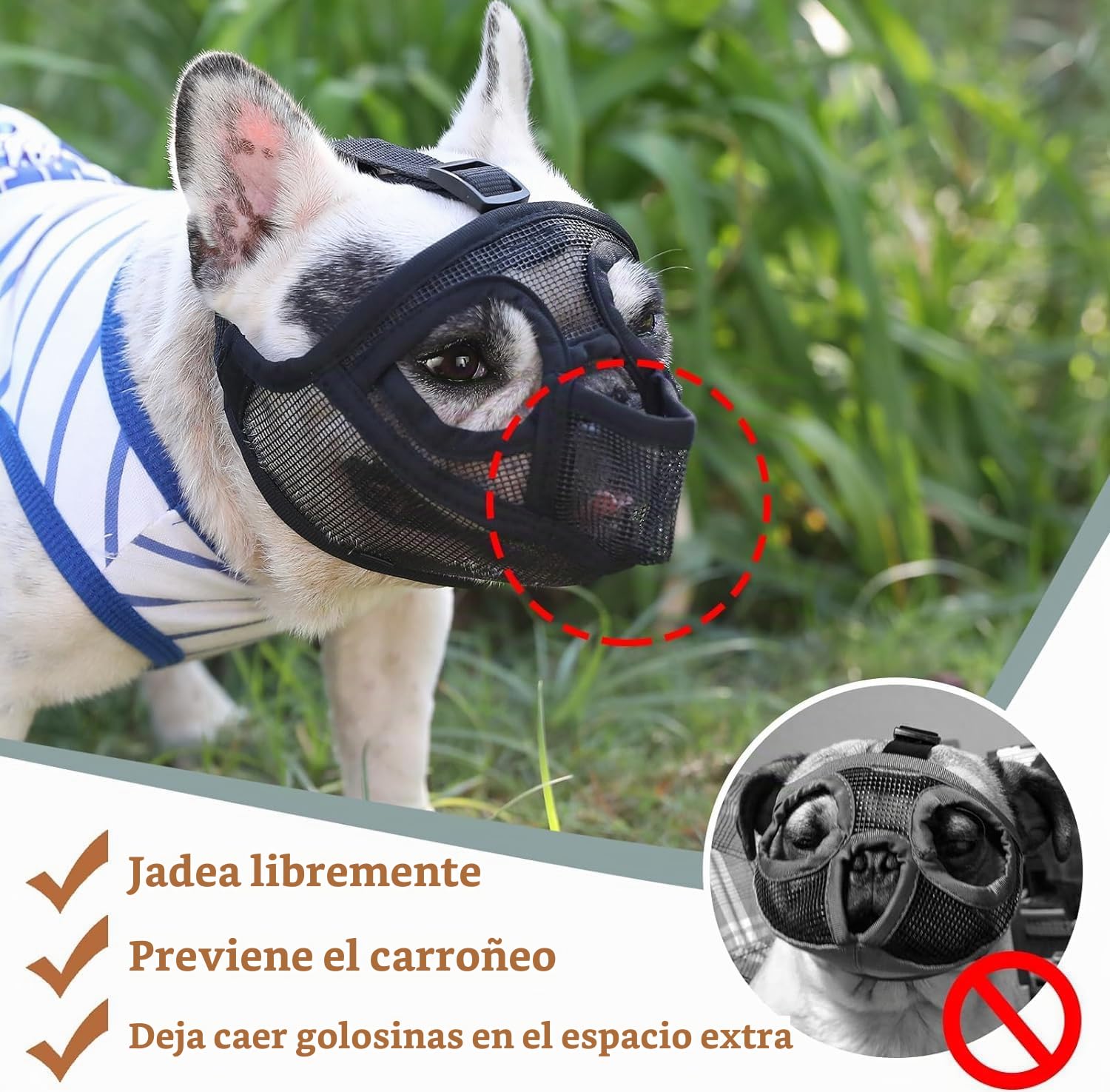 Mayerzon Bozal para Perros de hocico Corto, para respiración Completa, de Malla Flexible, shih tzu, Pug y Bulldog, Aseo, Paseos, Permite darle de Beber y Comer, impide Que muerda y recoja restos