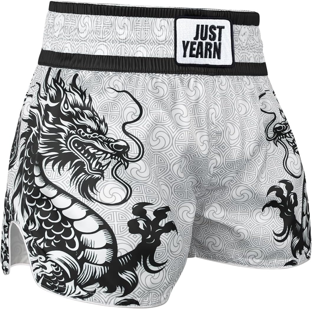 JUST YEARN Muay Thai Boxing Shorts, Traditional MMA Kickboxing Workout Trunks for Men and Women, High Mobility Training Gear