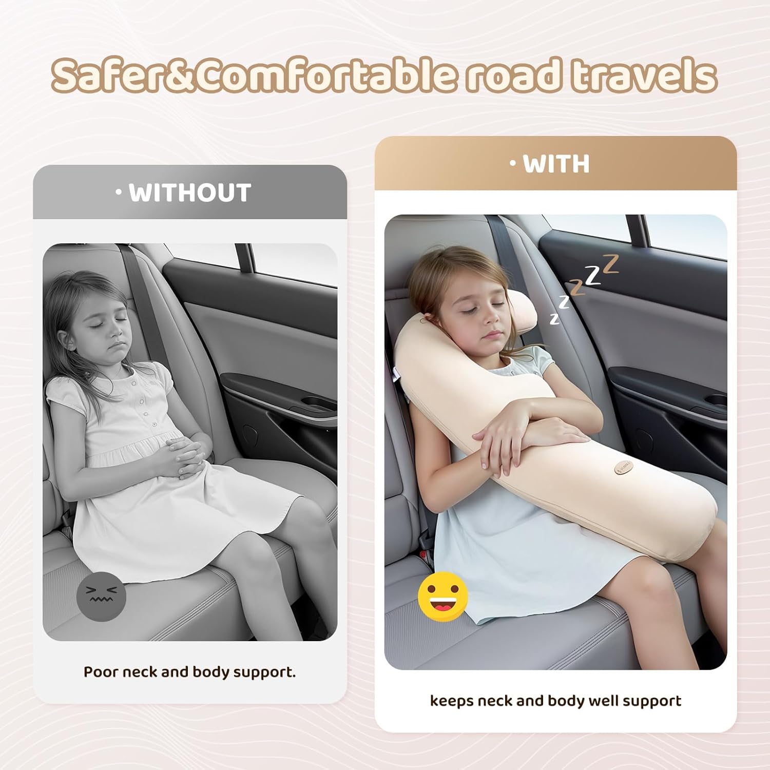 FLORICH Memory Foam Kids Travel Pillow, Car Sleeping Pillow, F-Shape Car Pillows for Adults and Children, Traveling Car Pillow for Kids with Removable Pillowcase (Beige)
