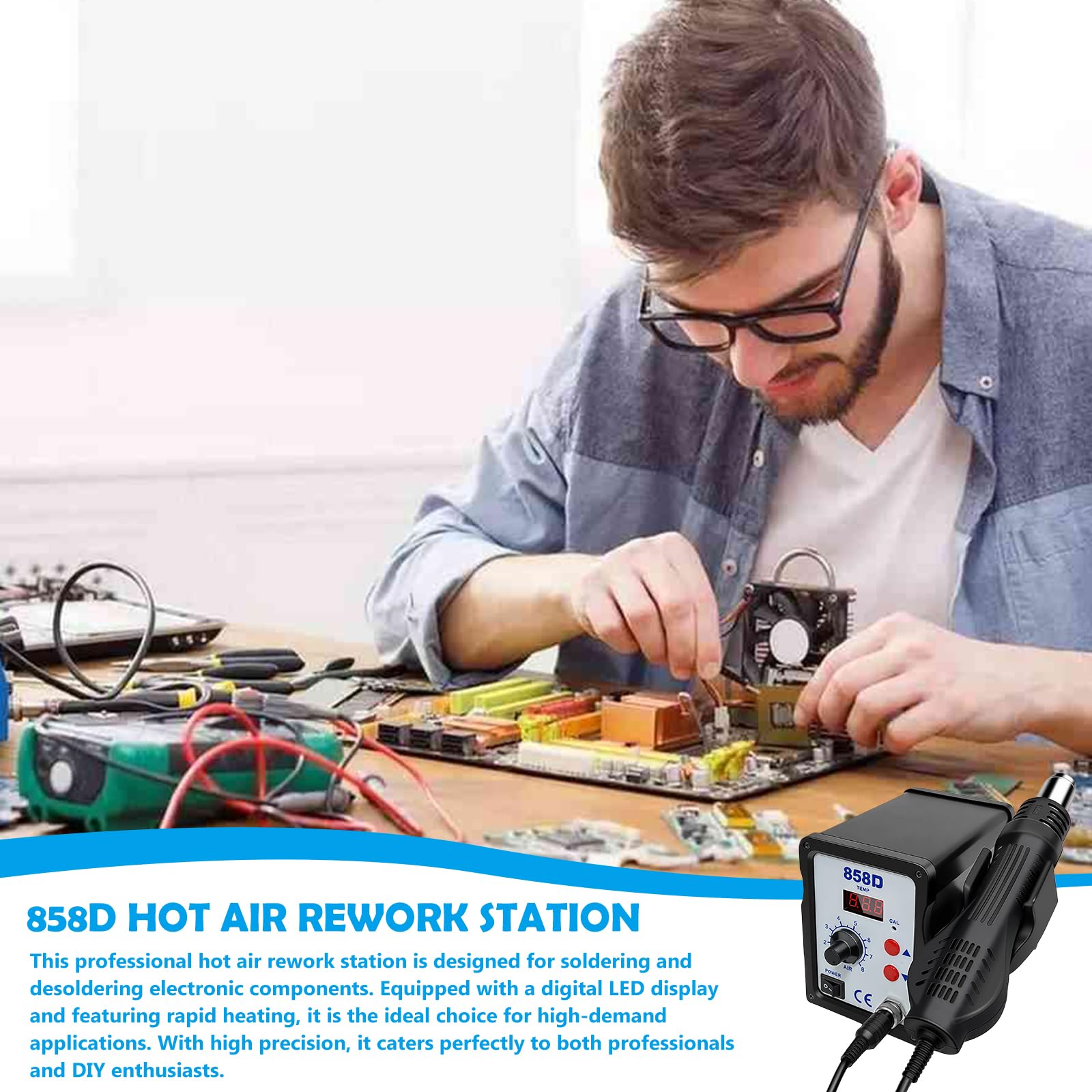 Stazione di saldatura ad aria calda, 700 W, 858D Hot Air Rework Station con display LED e 3 ugelli, stazione dissaldante 2 in 1, stazione dissaldante Rework Station, display digitale, kit saldatore