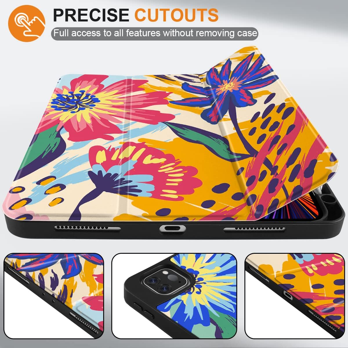 MEEgoodo for iPad Pro M2 12.9 Case 6th/5th/4th/3rd Generation 2022 2021 2020 2018 with Pencil Holder, Tablet Cover with Soft TPU Back Shell, Art Painted Flowers - Image 3