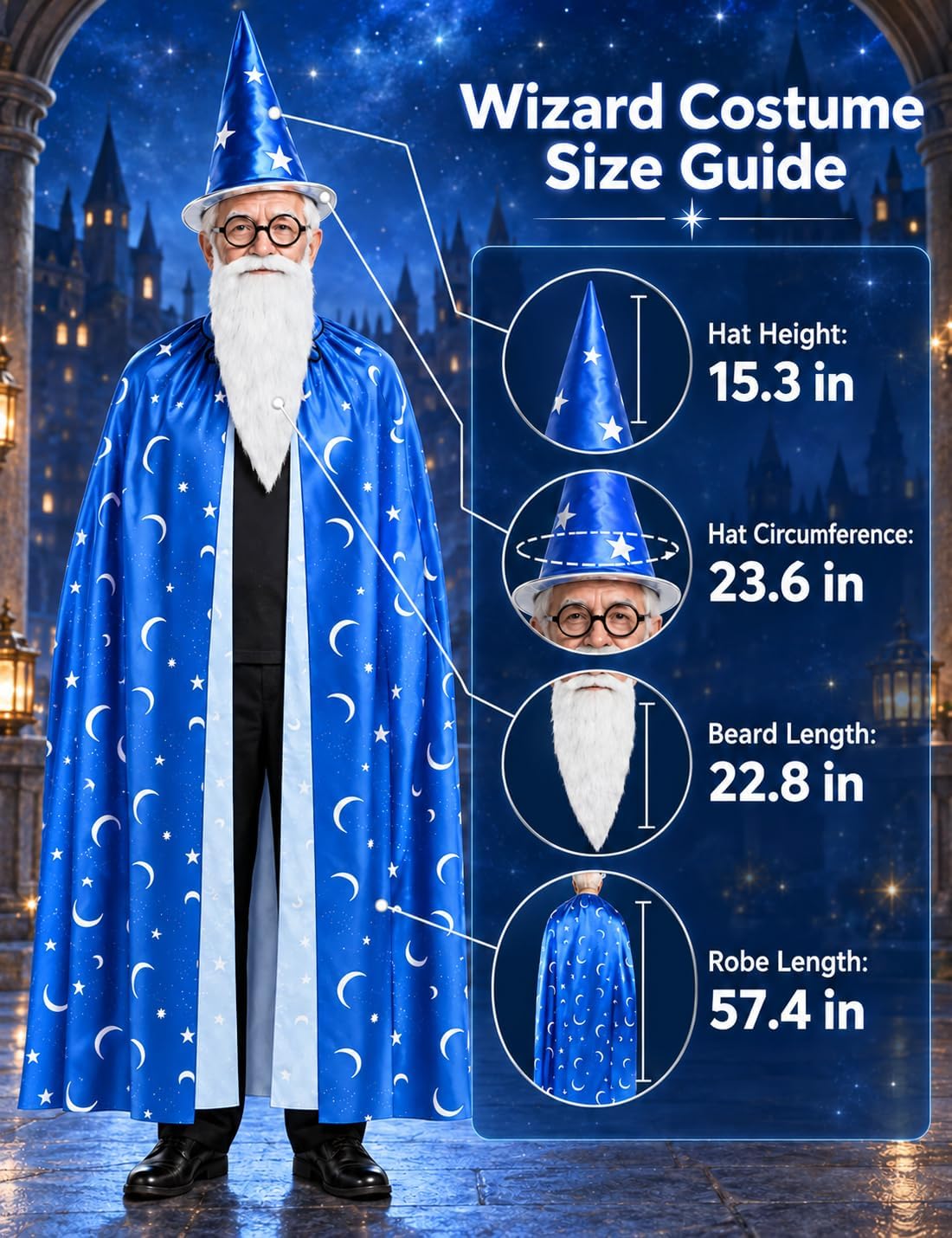 Wizard Costume Adult Men 5Pcs Halloween Blue Star Moon Magician Accessory