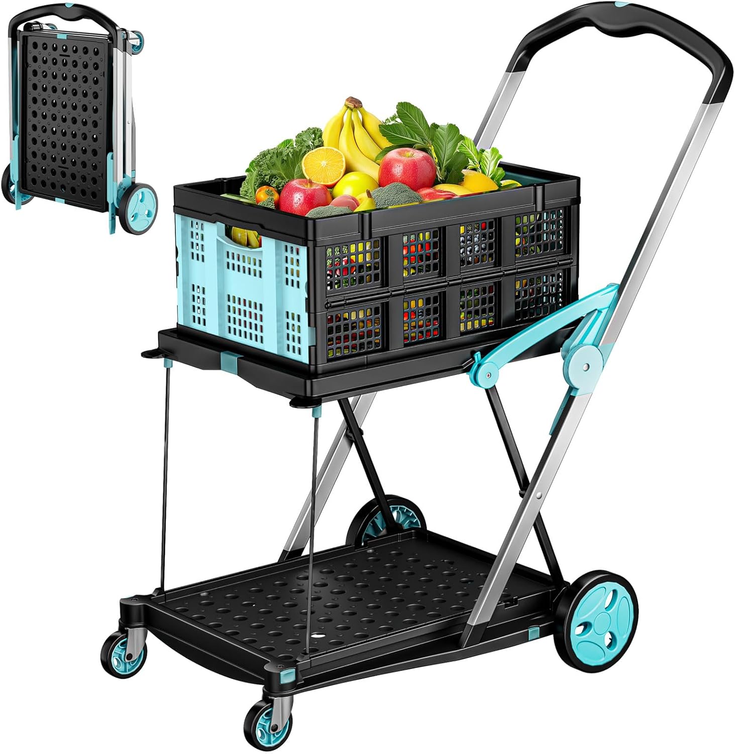 Foldable Shopping Cart with Wheels, 200 lbs Capacity Grocery Cart with 1 Storage Crate, Multi Use Functional Collapsible Carts with Foot Brake for Groceries/Office/Warehouse/Supermarket, Blue